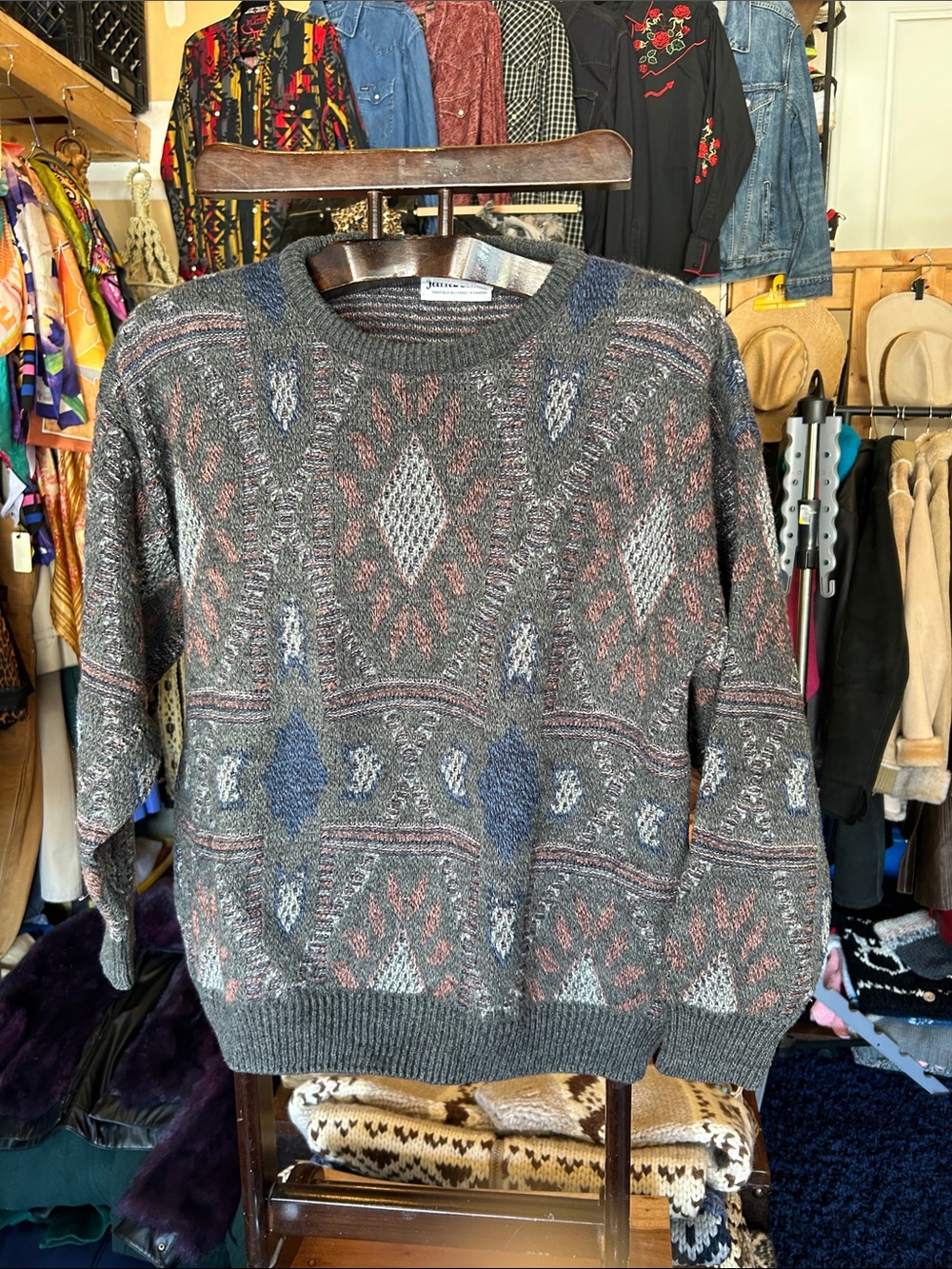 Jantzen Gray Sweater with Blue and Brown Geometric Pattern